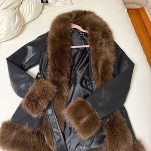 Windsor Black Leather Jacket with Brown Faux Fur Trim
